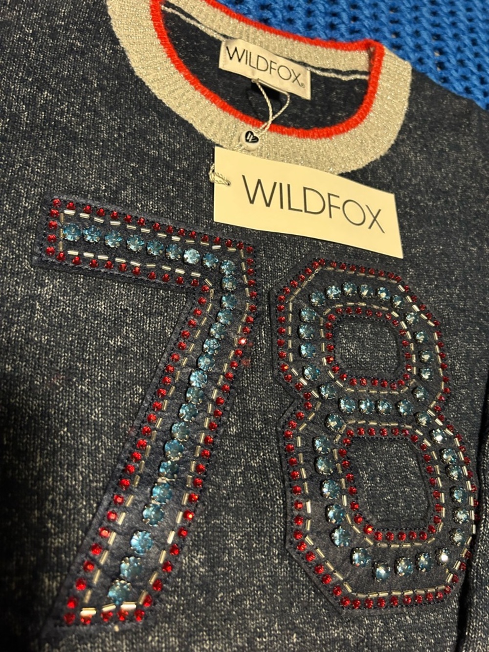 Wildfox Gray Sweater with Blue and Red Jeweled '78' Appliqué